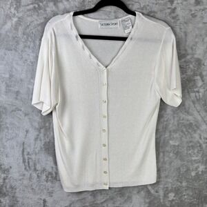 Victoria Sport Womens XL Cream Ribbed Button Front Knit Top Minimalist Normcore